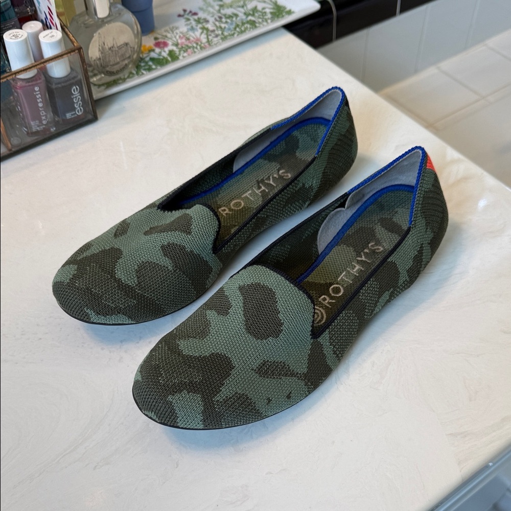 Rothy's Green Camouflage Knit Flats with Blue Trim